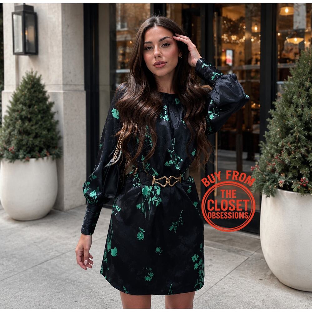 Zara Green Floral Long Sleeve Mini Dress Belted NWT - Picture 6 of 16